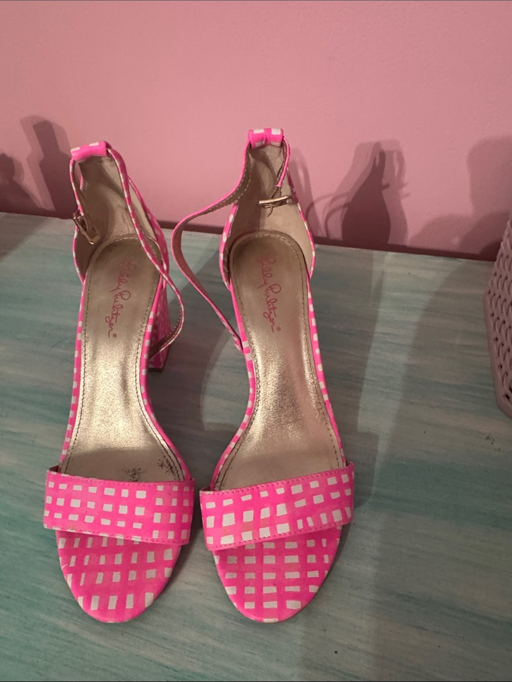 Lilly Pulitzer Pink Gingham Ankle-Strap Block Heels